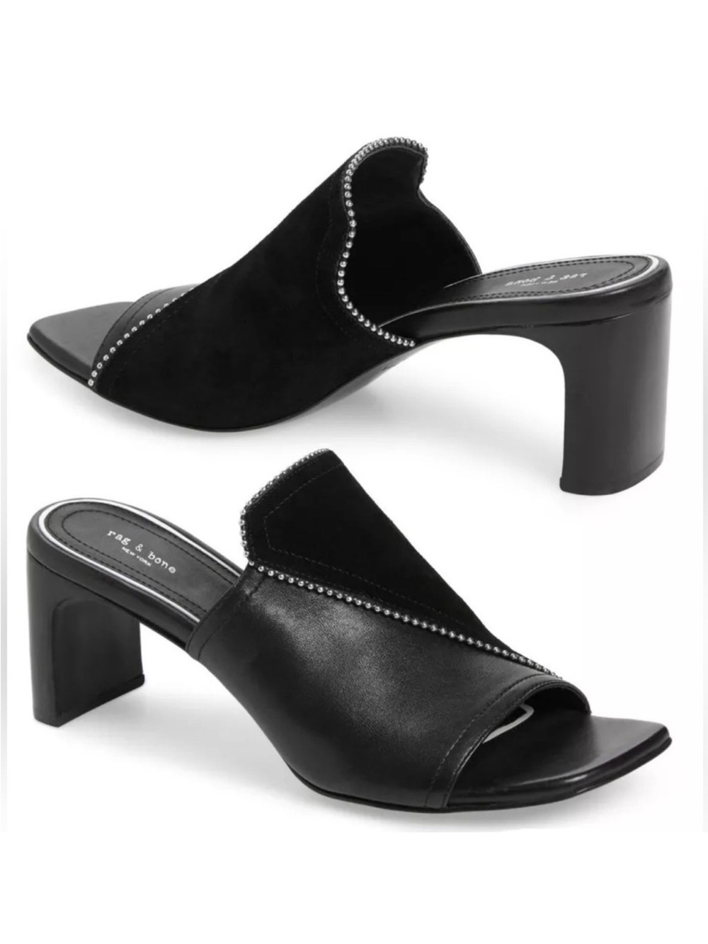 RAG & BONE Myla Black Leather Suede Studs Asymmetrical Open Toe Clog Mules Sz 38